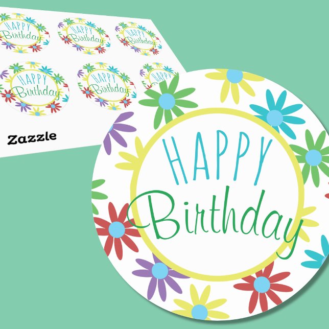 Happy Birthday Colorful Floral Stickers (Depiction of Round Stickers, Sheet of 6 and Front View)