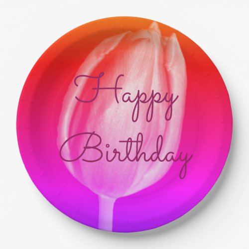 Happy Birthday Colorful Flower Tulips Pink Purple Paper Plates
