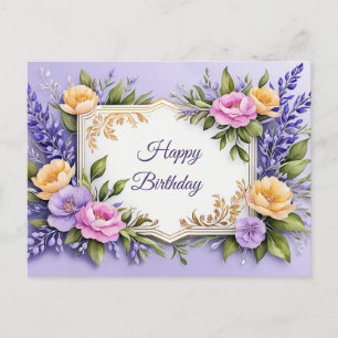 Happy Birthday Colorful Flowers on Lavender  Postcard