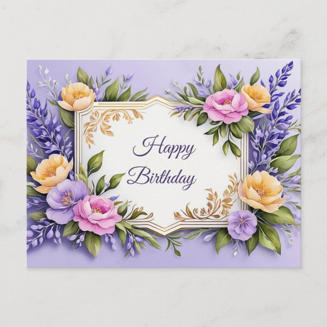 Happy Birthday Colorful Flowers on Lavender  Postcard (Front)