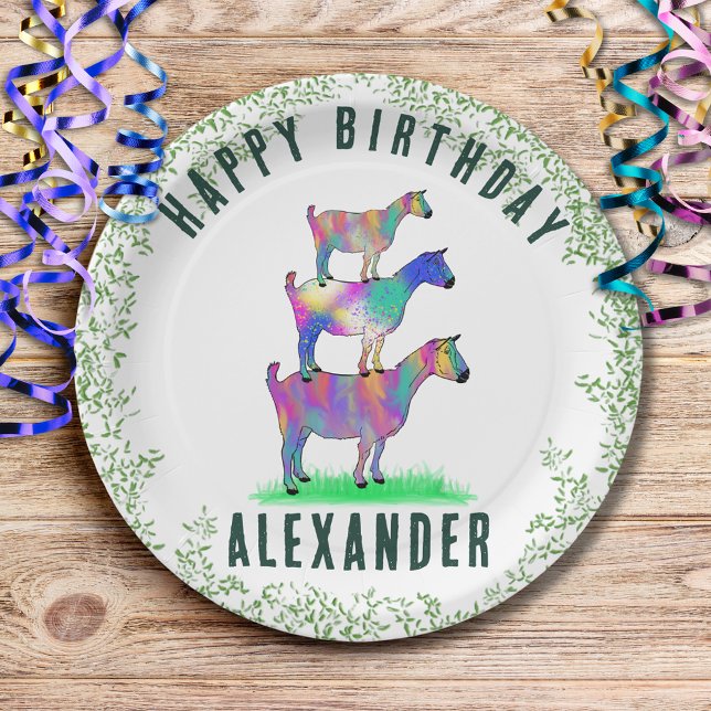 Happy Birthday Colorful Goats and Foliage Paper Plates (Cute goats colorful farm animal art happy birthday custom paper plates)