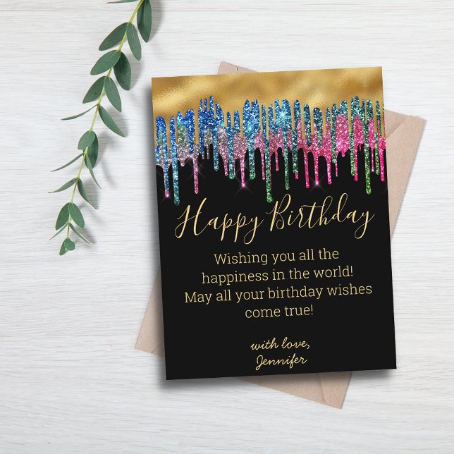 happy birthday colorful gold dripping glitters  postcard (Creator Uploaded)