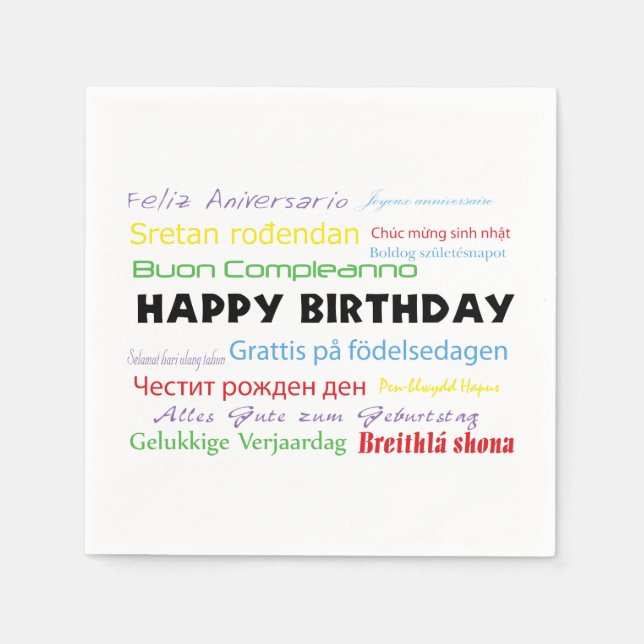 Happy Birthday Colorful Many Languages Typography Napkins (Front)