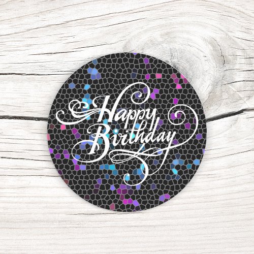 Happy Birthday Colorful Mosaic Black Classic Round Sticker