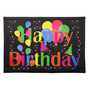 Happy Birthday Colorful Over Black Cloth Placemat