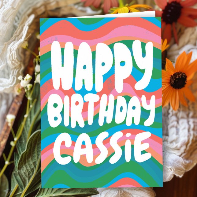 HAPPY BIRTHDAY Colorful Pink Green Stripes CUSTOM Card (HAPPY BIRTHDAY Colorful Pink Green Stripes CUSTOM NAME Card
)