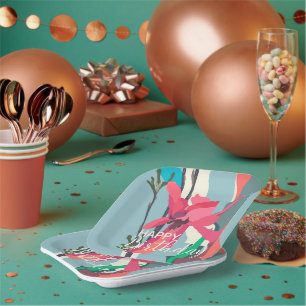 Happy Birthday Colorful Pink Magnolia Abstract Paper Plates
