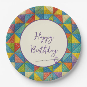 Happy Birthday Colorful Pinwheel Quilt Pattern Paper Plates