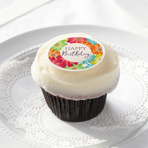 Happy Birthday Colorful Spring Flowers        Edible Frosting Rounds