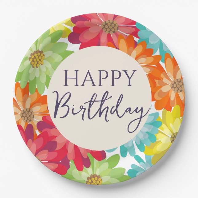 Happy Birthday Colorful Spring Flowers      Paper Plates (Front)