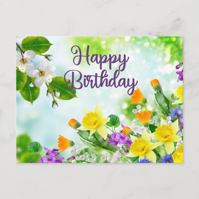 Happy Birthday Colorful Spring Flowers  Postcard (Front)