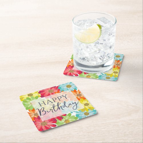 Happy Birthday Colorful Spring Flowers   Square Paper Coaster