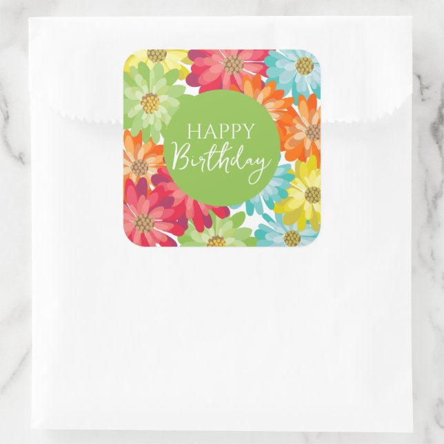 Happy Birthday Colorful Spring Flowers      Square Sticker (Bag)
