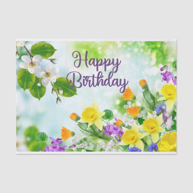 Happy Birthday Colorful Spring Flowers  Tissue Paper (Front)