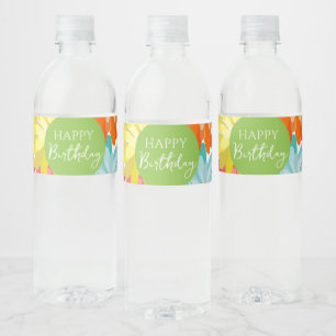 Happy Birthday Colorful Spring Flowers Water Bottle Label