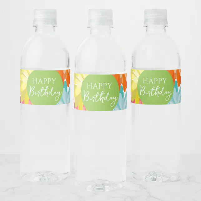 Happy Birthday Colorful Spring Flowers Water Bottle Label | Zazzle