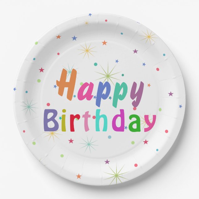 Happy Birthday Colorful Stars and Text    Paper Plates (Front)