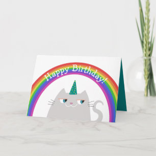 Happy Birthday Colorful Unicorn Cat and Rainbow Card