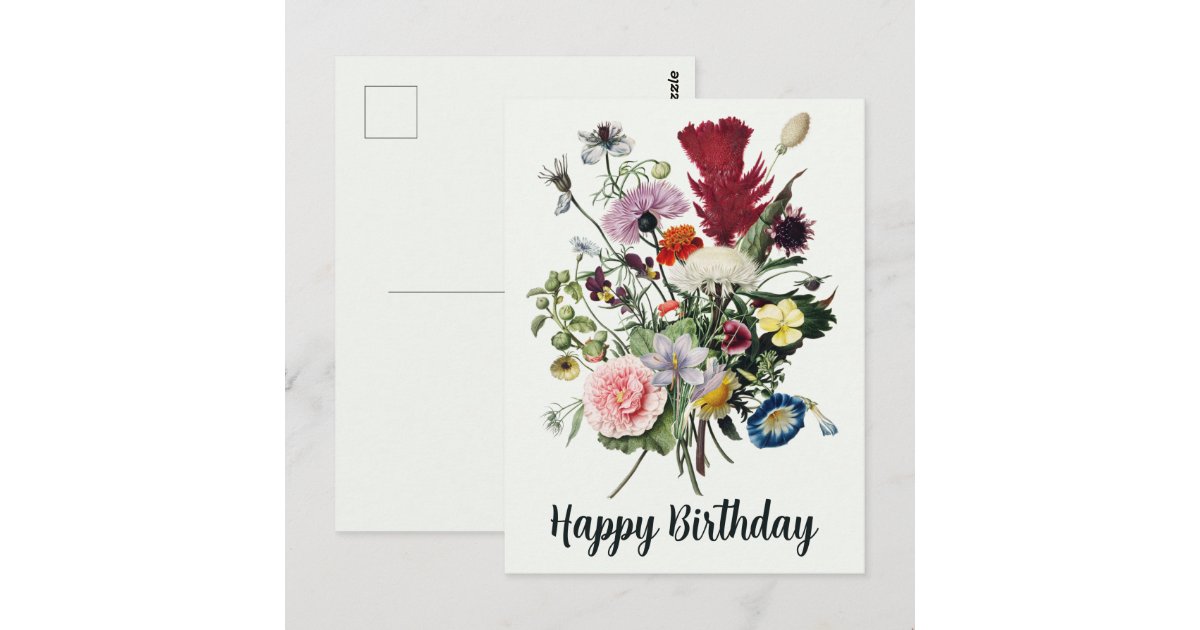 Happy Birthday Colorful Vintage Wildflowers Postcard | Zazzle