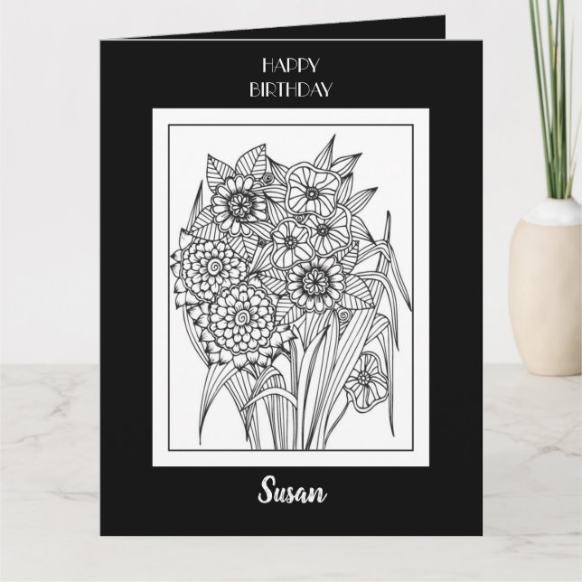 Happy Birthday Coloring Card Flower Design (Front)