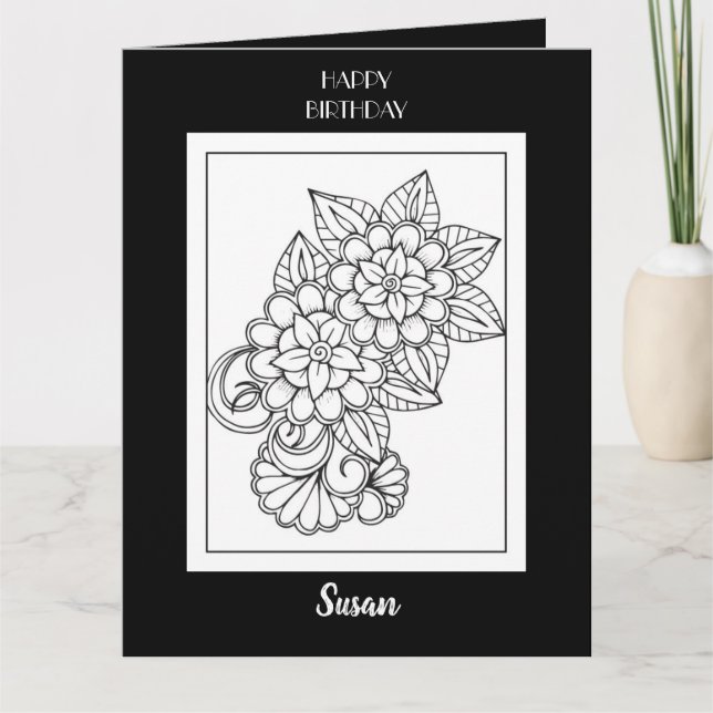 Happy Birthday Coloring Floral Greeting Card (Front)