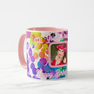 Happy Birthday Colourful Bokeh Bubbles Pink Photo Mug