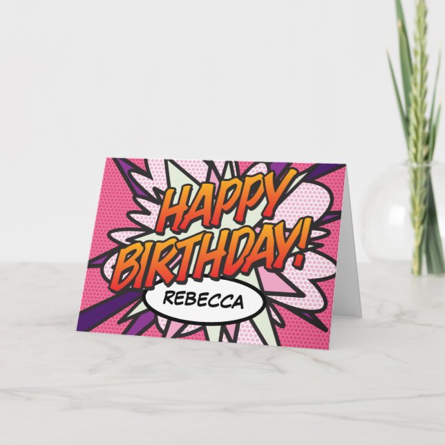 HAPPY BIRTHDAY Comic Book Pop Art Pink Card (Front)