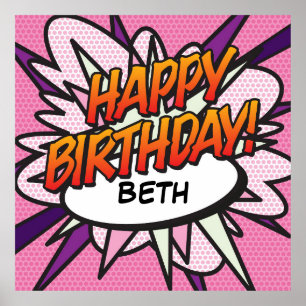 HAPPY BIRTHDAY Comic Book Pop Art pink Poster