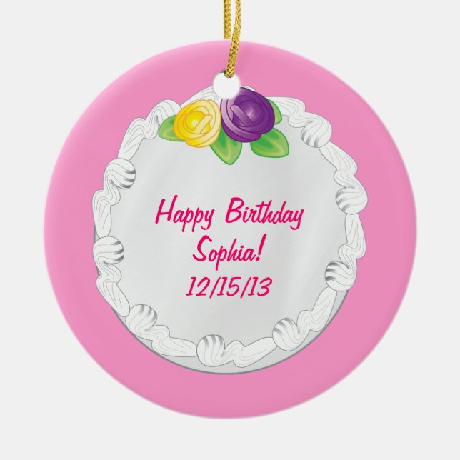 Happy Birthday Commemorative Cake Pink Ceramic Ornament (Front)