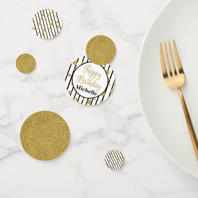 Happy Birthday Confetti -Black Stripe Gold Glitter | Zazzle
