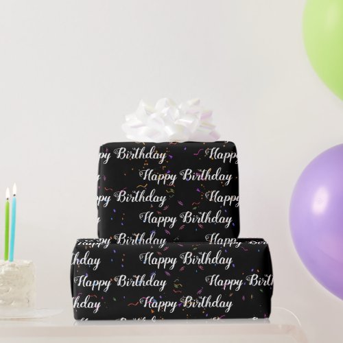 Happy Birthday Confetti on Black Wrapping Paper
