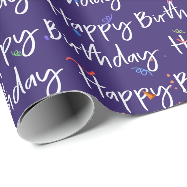 Happy Birthday Confetti on Purple Wrapping Paper (Roll Corner)