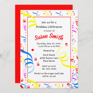 Happy Birthday Confetti Streamer Party Invitation