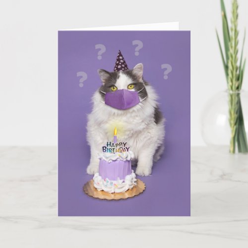 Happy Birthday Confused Cat With Face Mask Cake Holiday Card
