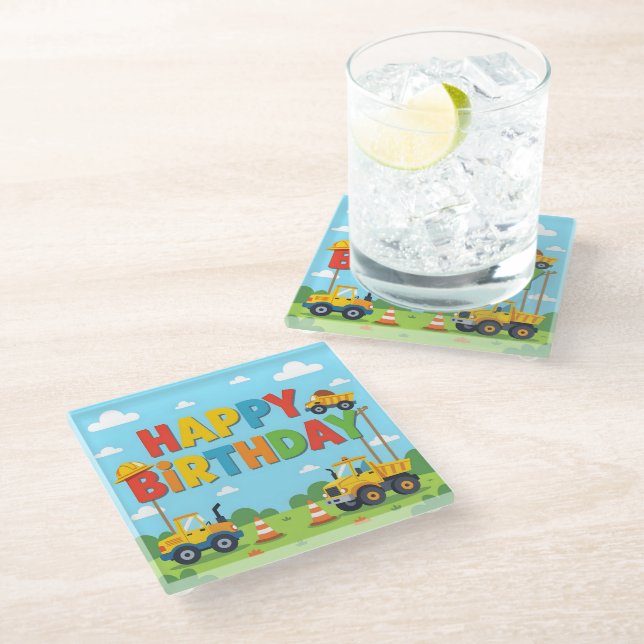 Happy birthday construction builder theme glass coaster (Angled)