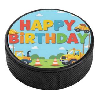 Happy birthday construction builder theme hockey puck