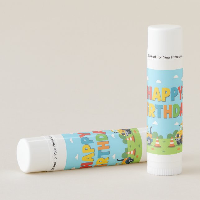 Happy birthday construction builder theme lip balm (Front)