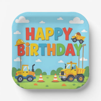 Happy birthday construction builder theme paper plates