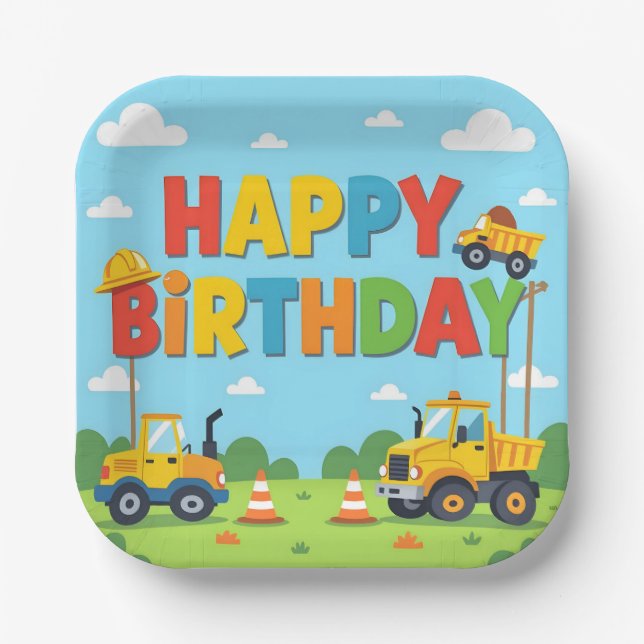 Happy birthday construction builder theme paper plates (Front)