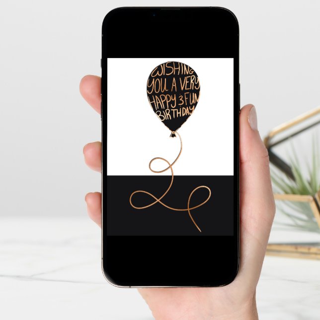 Happy Birthday Cool Black Balloon Gold Typography Card (Front Digital)
