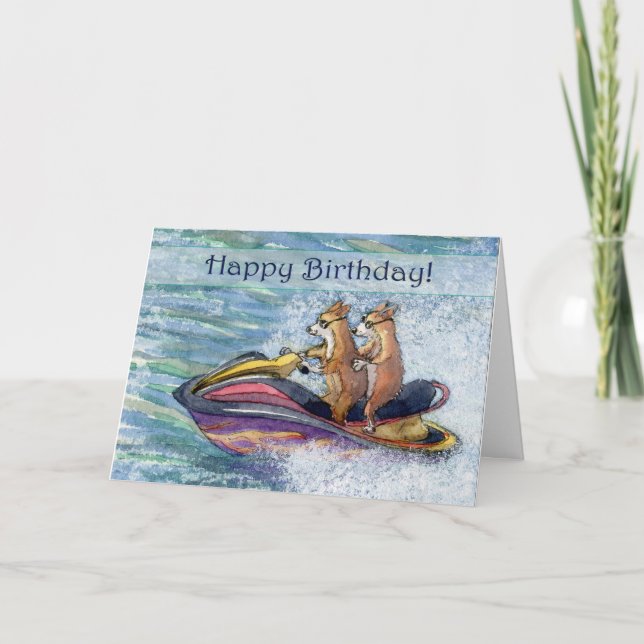 Happy Birthday, corgi dog driving his hoomun Card (Front)