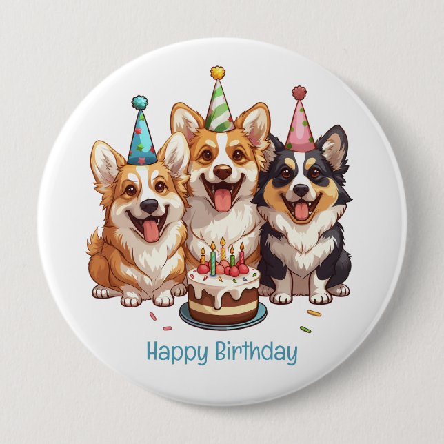 Happy Birthday Corgi Dogs Button (Front)