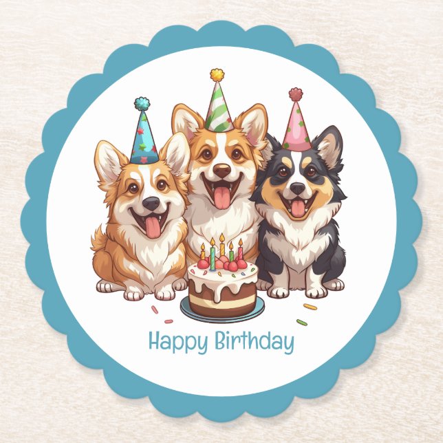 Happy Birthday Corgi Dogs Paper Coaster (Front)