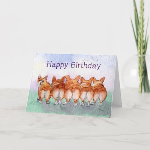 Happy Birthday corgis five walk away together Card