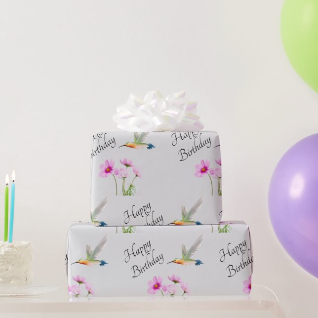 Happy Birthday Cosmos and Hummingbird  Wrapping Paper (Party Gifts)