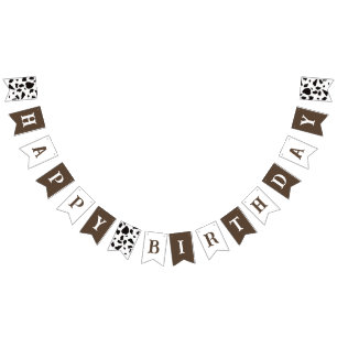 Happy Birthday Cow Print Brown and White Bunting Flags