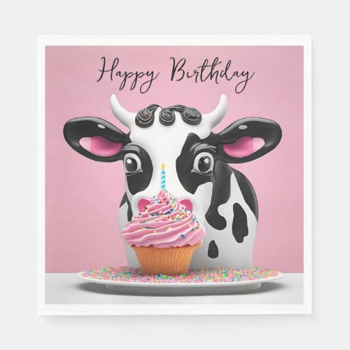 Happy Birthday Cow With Cupcake On Pink Napkins