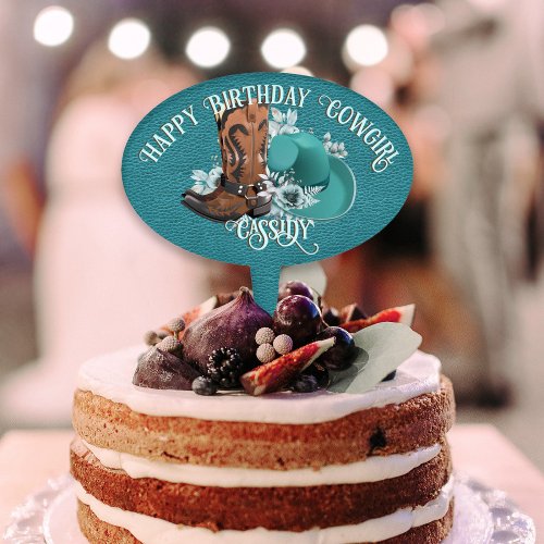 Happy birthday cowgirl turquoise leather boots hat cake topper