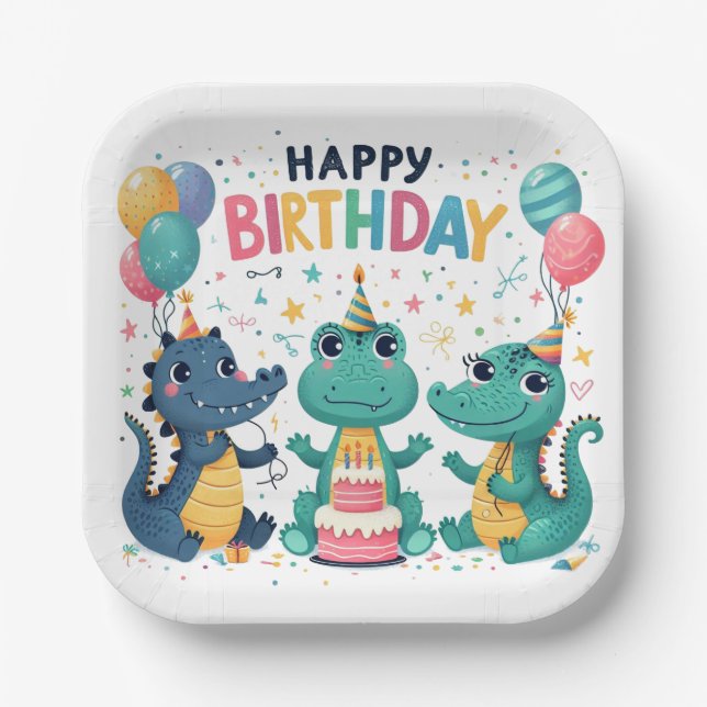 Happy Birthday Crocodiles Paper Plates (Front)