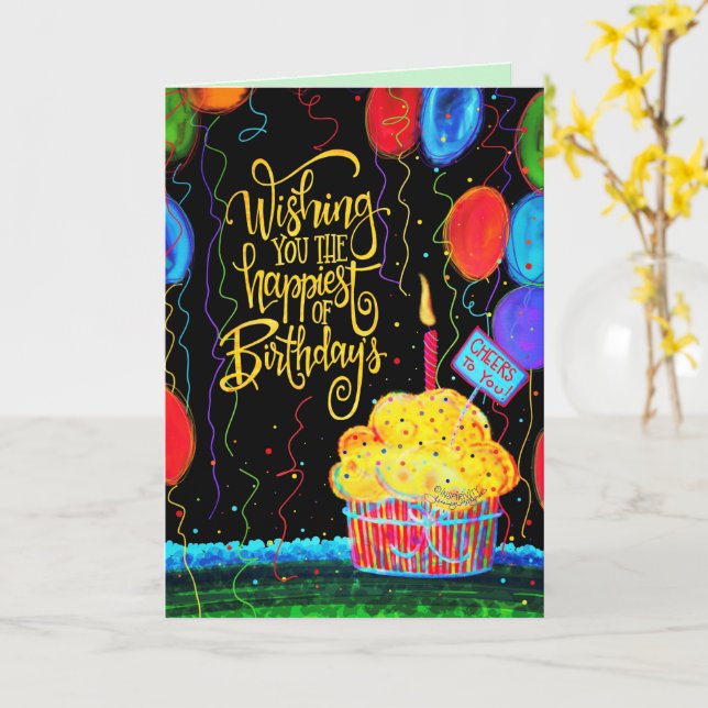 Happy Birthday Cupcake Balloons Candle Fun Card (Yellow Flower)